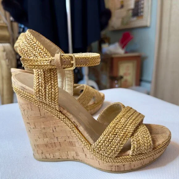 Stuart Weitzman Minx Stappy Wedges Shoes with Cork and Raffia Size 7 - Picture 16 of 16